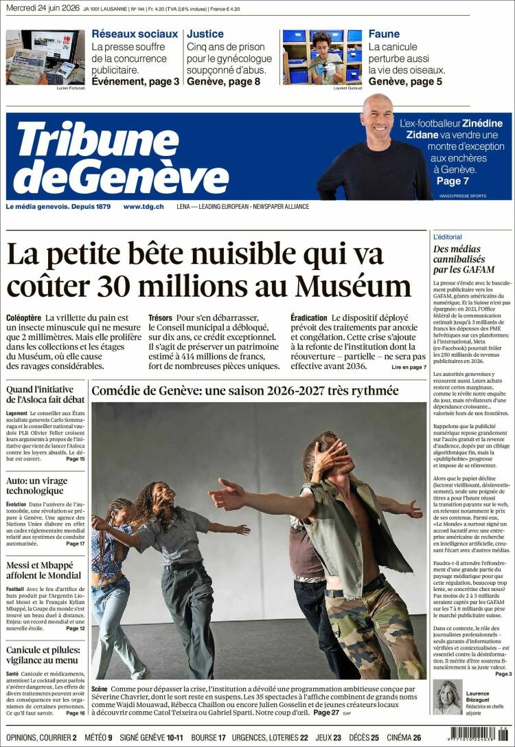 Portada de La Tribune de Genève (Suiza)