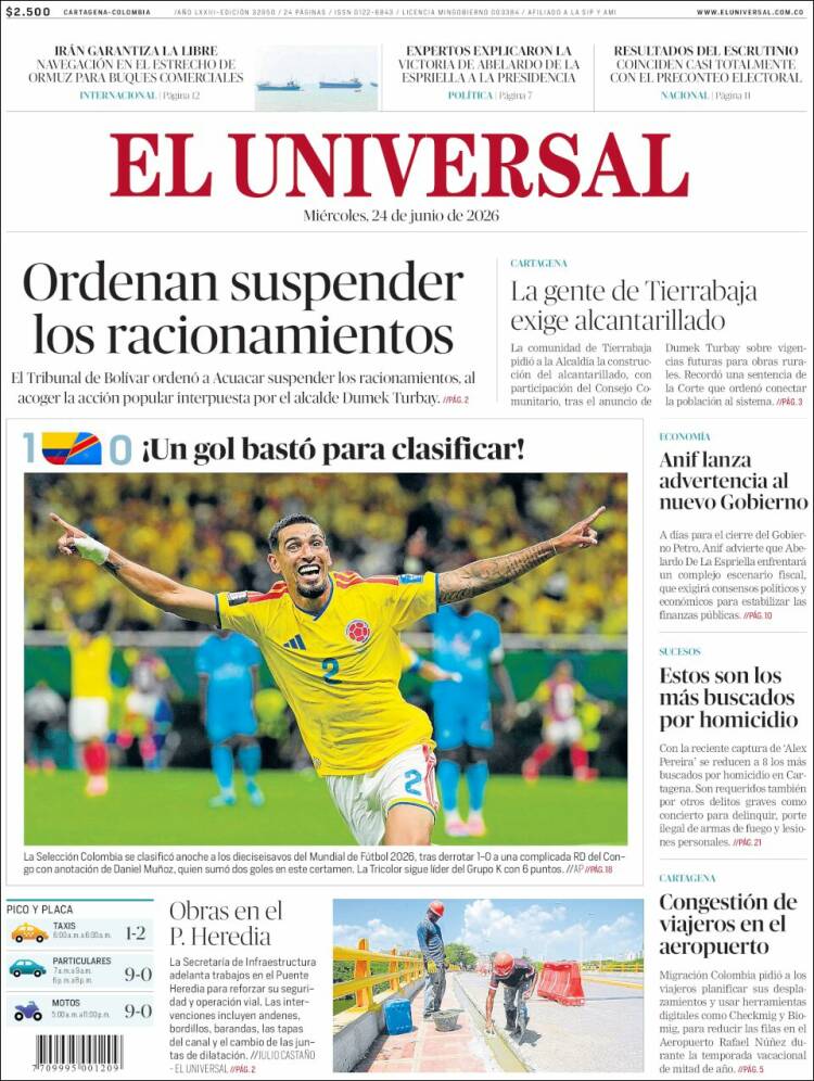 Portada de El Universal (Colombia)