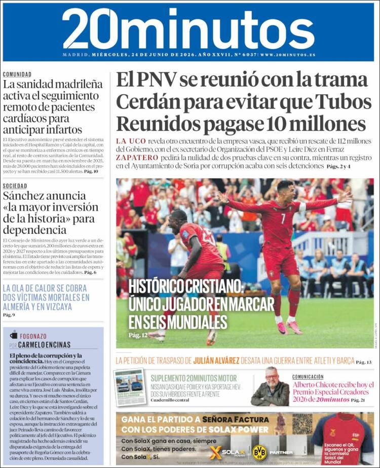 Portada de 20 Minutos - Madrid (Espa&ntilde;a)
