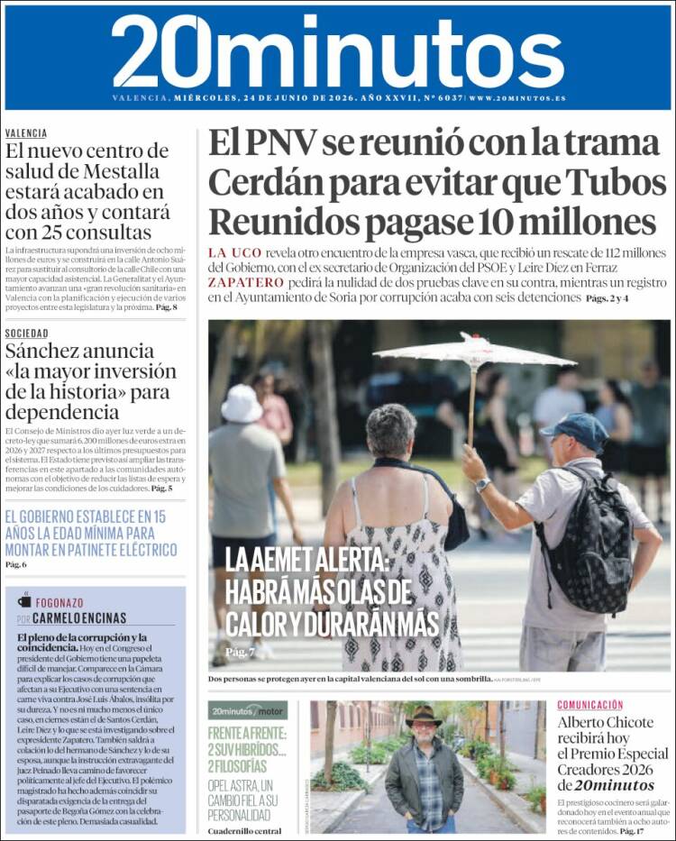Portada de 20 Minutos - Valencia (Espa&ntilde;a)