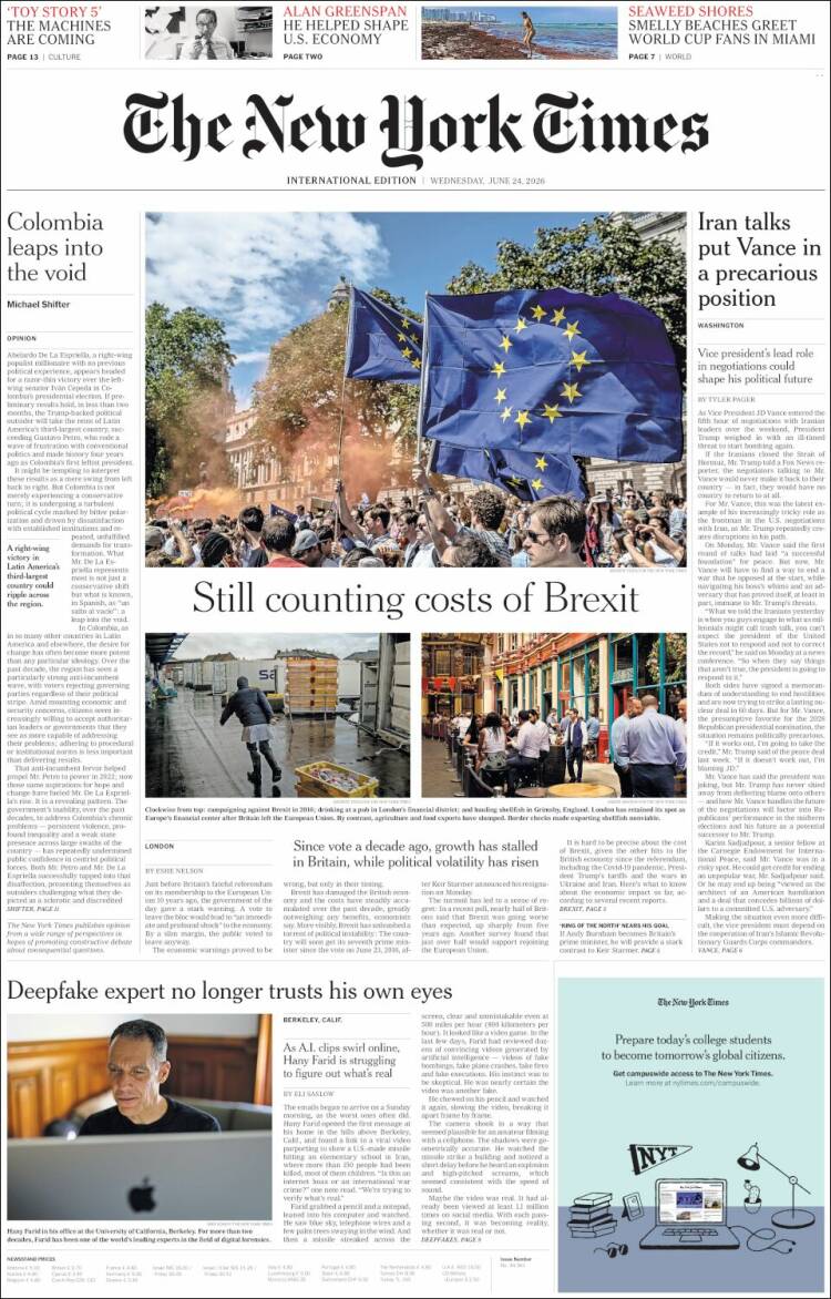 Portada de International New York Times (Europa)