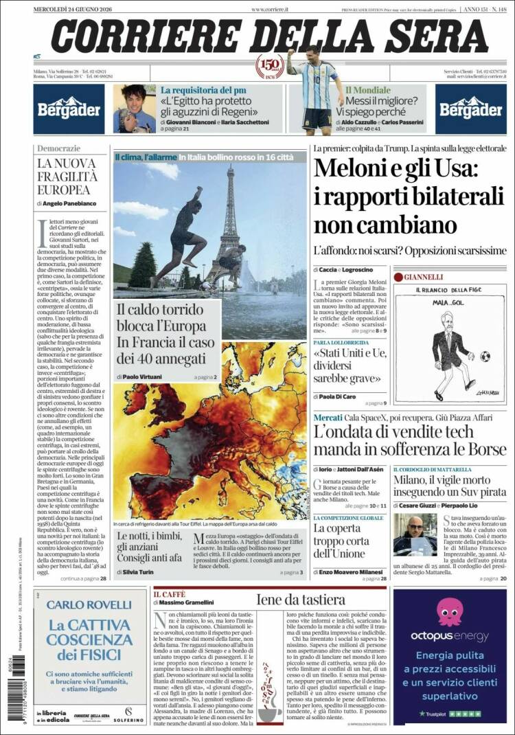 Portada de Corriere della Sera (Italia)
