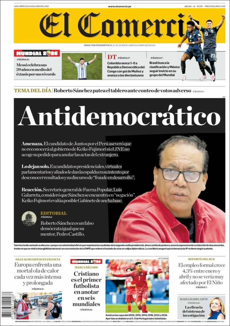 Portada de El Comercio (Per&uacute;)