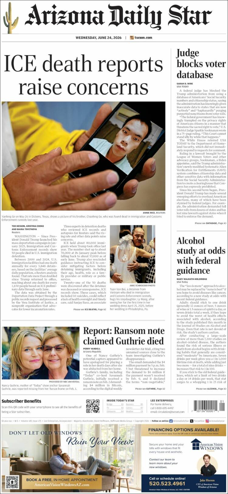 Portada de Arizona Daily Star (USA)