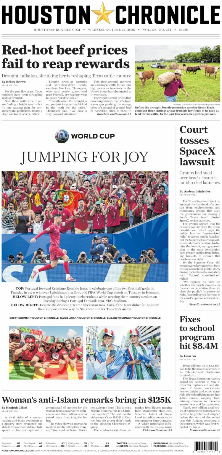 Portada de Houston Chronicle (USA)