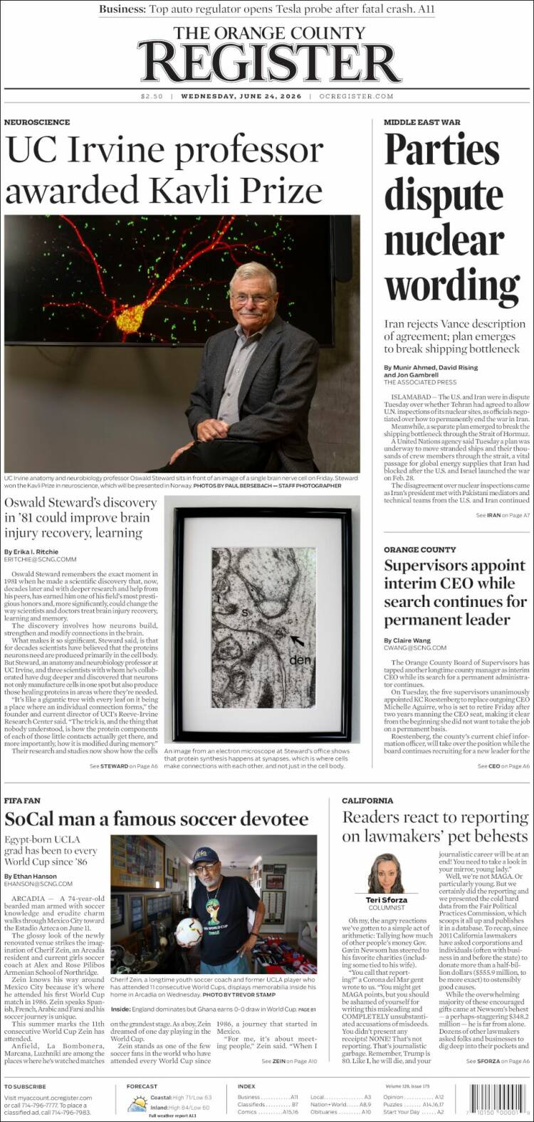 Portada de The Orange County Register (USA)