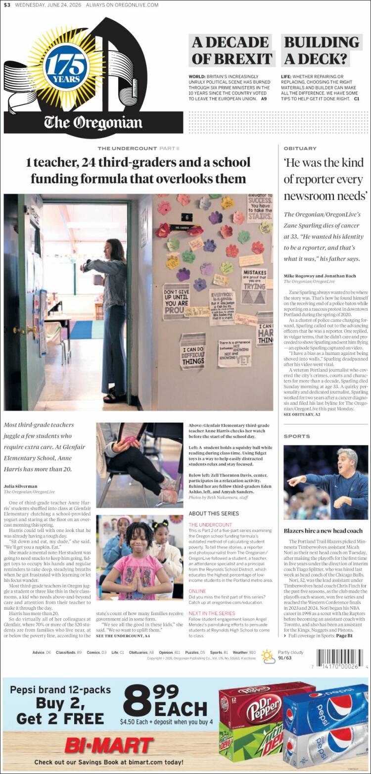 Portada de The Oregonian (USA)