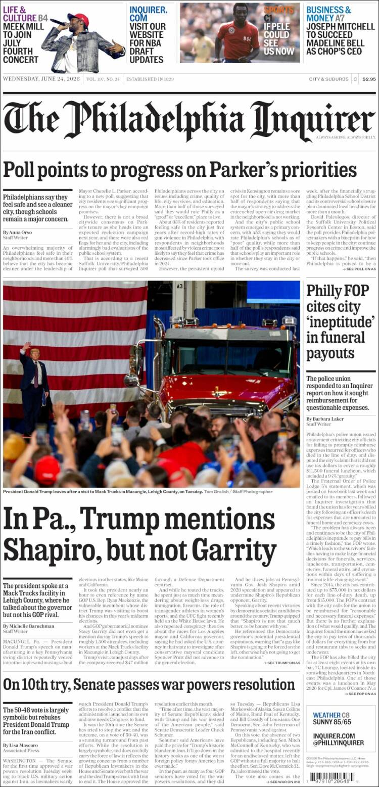 Portada de Philadelphia Inquirer (USA)