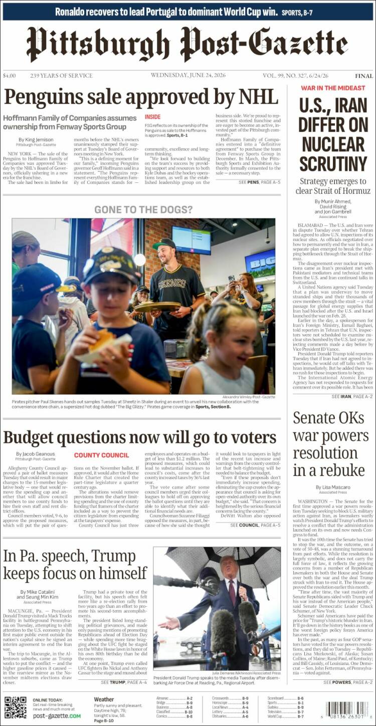 Portada de Pittsburgh Post-Gazette (USA)