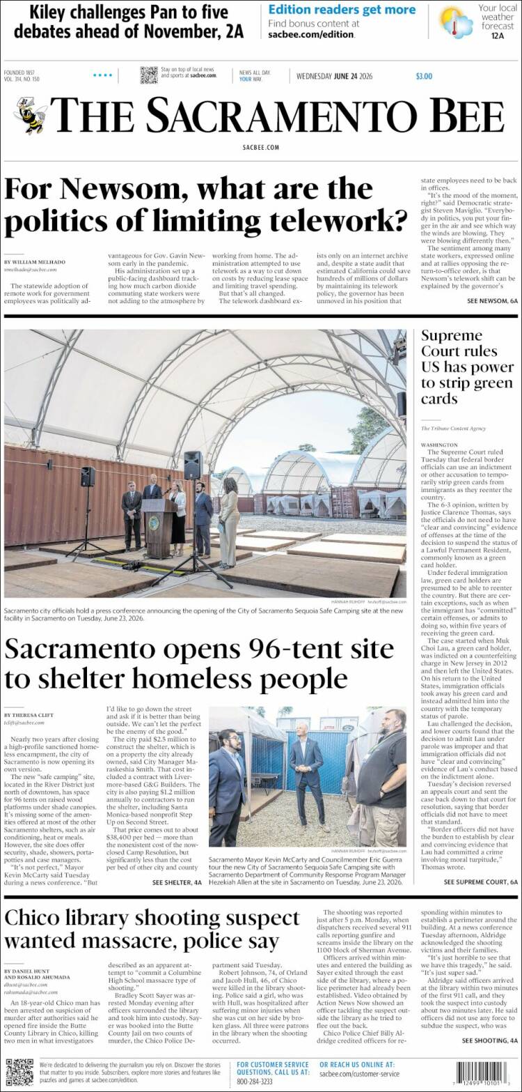 Portada de The Sacramento Bee (USA)