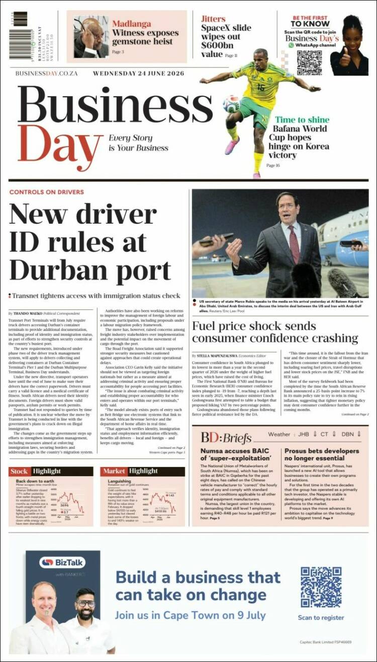 Portada de Business Day (Sud&aacute;frica)
