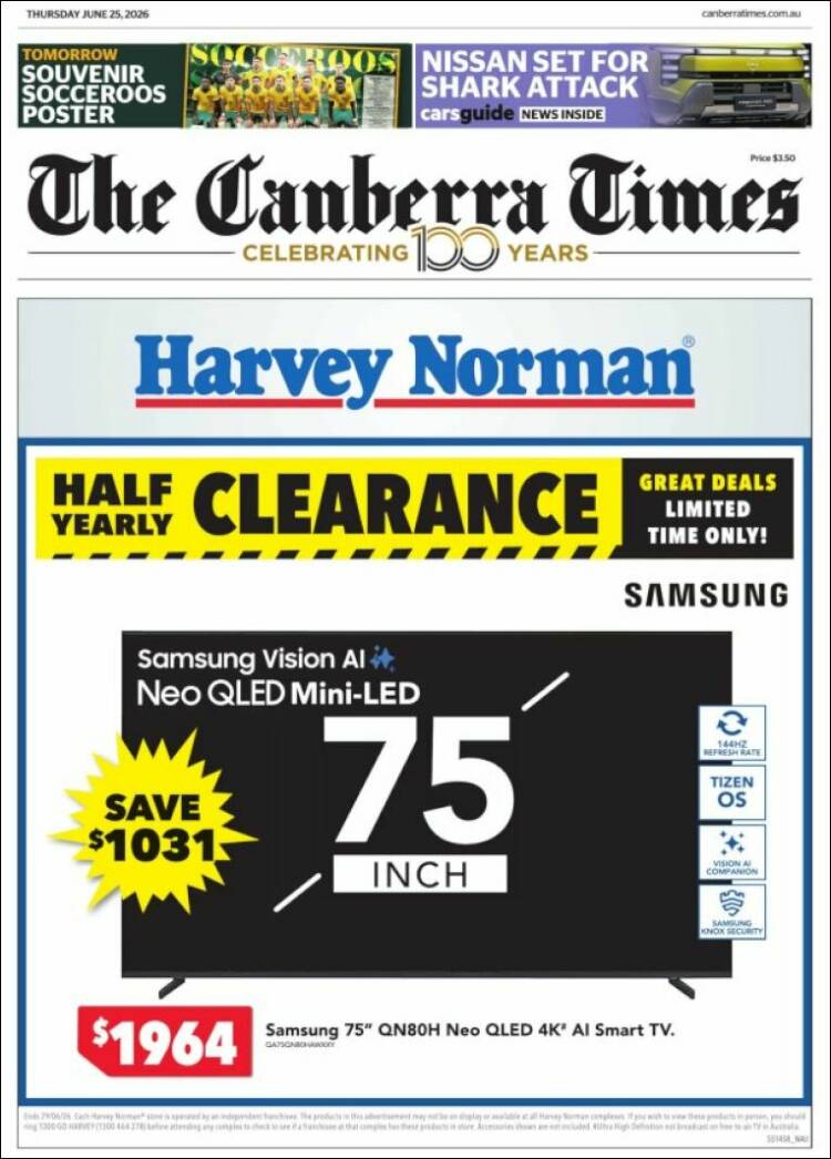 Portada de The Canberra Times (Australia)