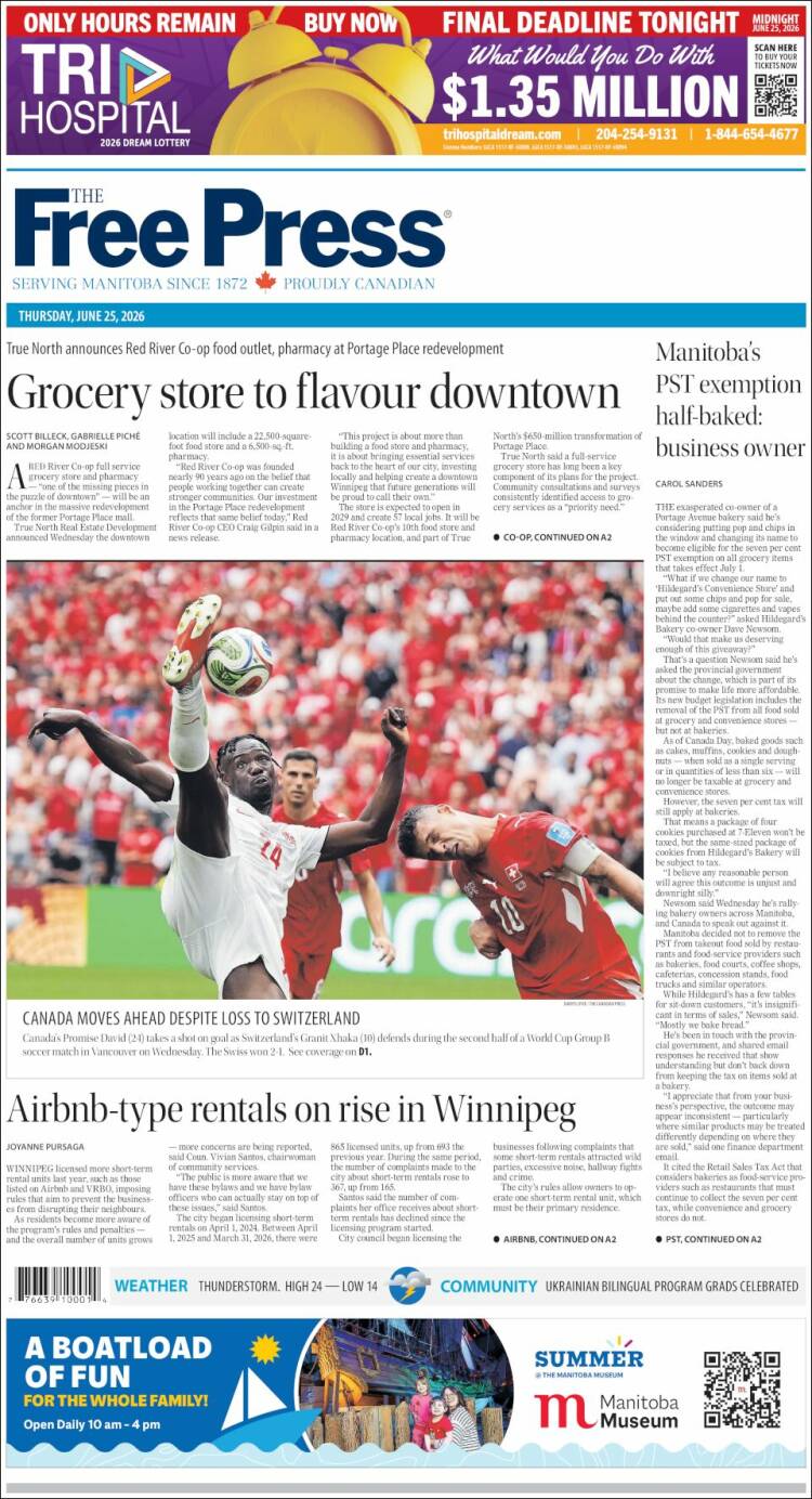 Portada de Winnipeg Free Press (Canad&aacute;)