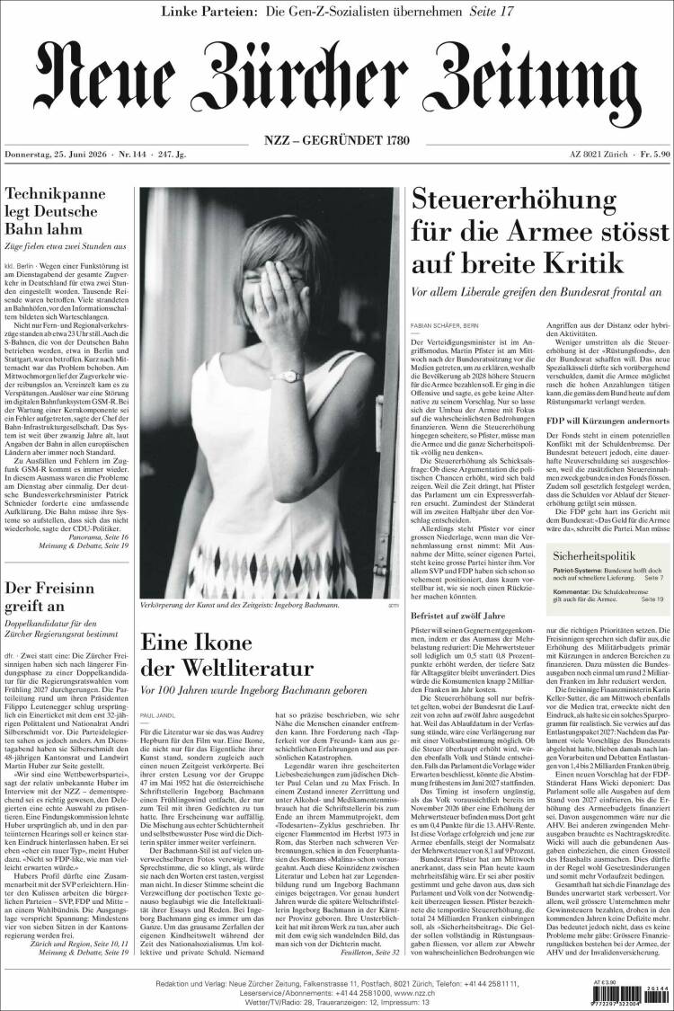 Portada de Neue Zürcher Zeitung (Suiza)