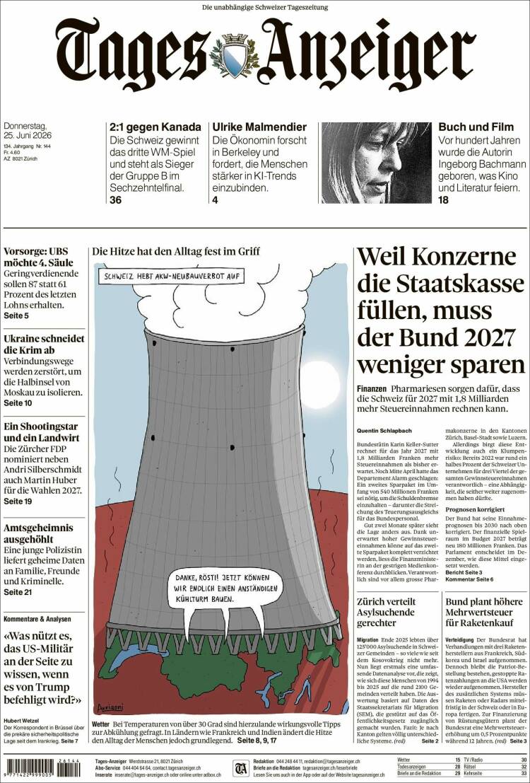 Portada de Tages-Anzeiger (Suiza)