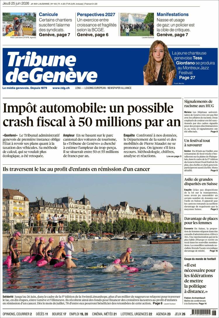 Portada de La Tribune de Genève (Suiza)