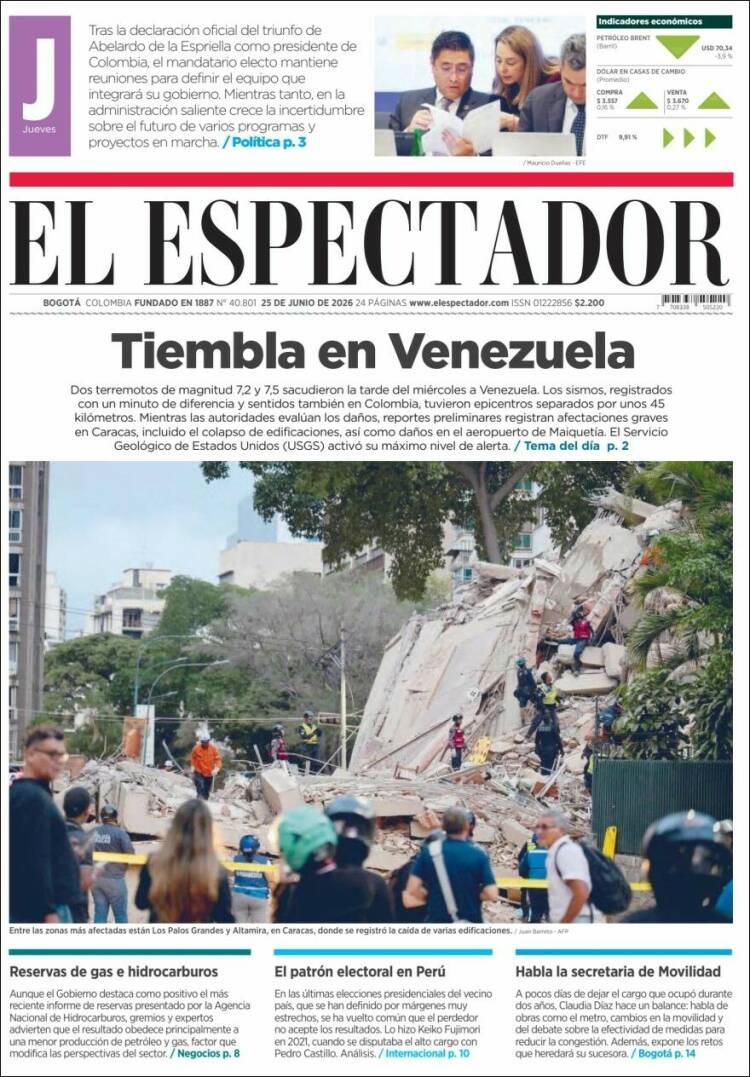 Portada de El Espectador (Colombia)