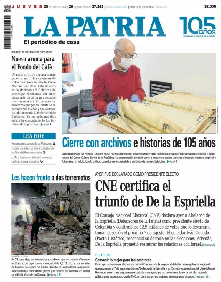 Portada de La Patria (Colombia)