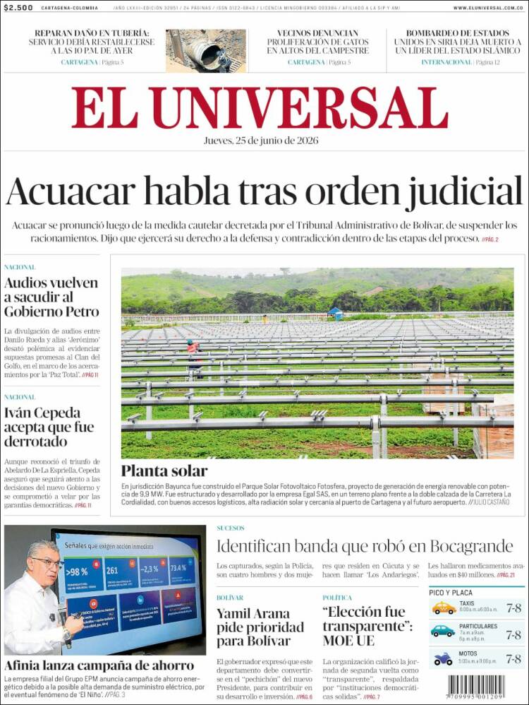 Portada de El Universal (Colombia)