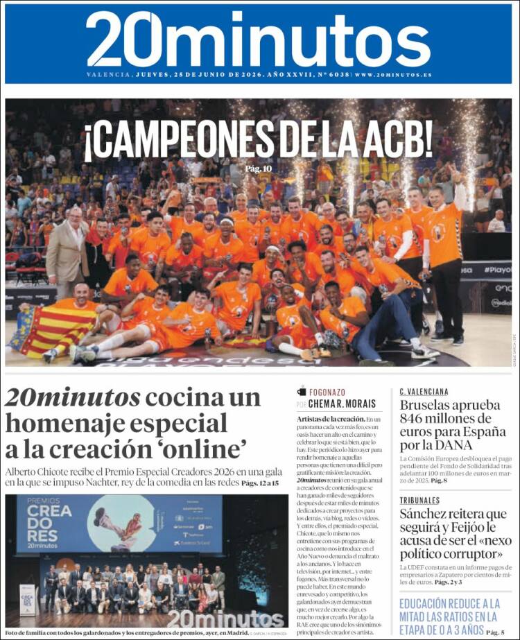 Portada de 20 Minutos - Valencia (Espa&ntilde;a)