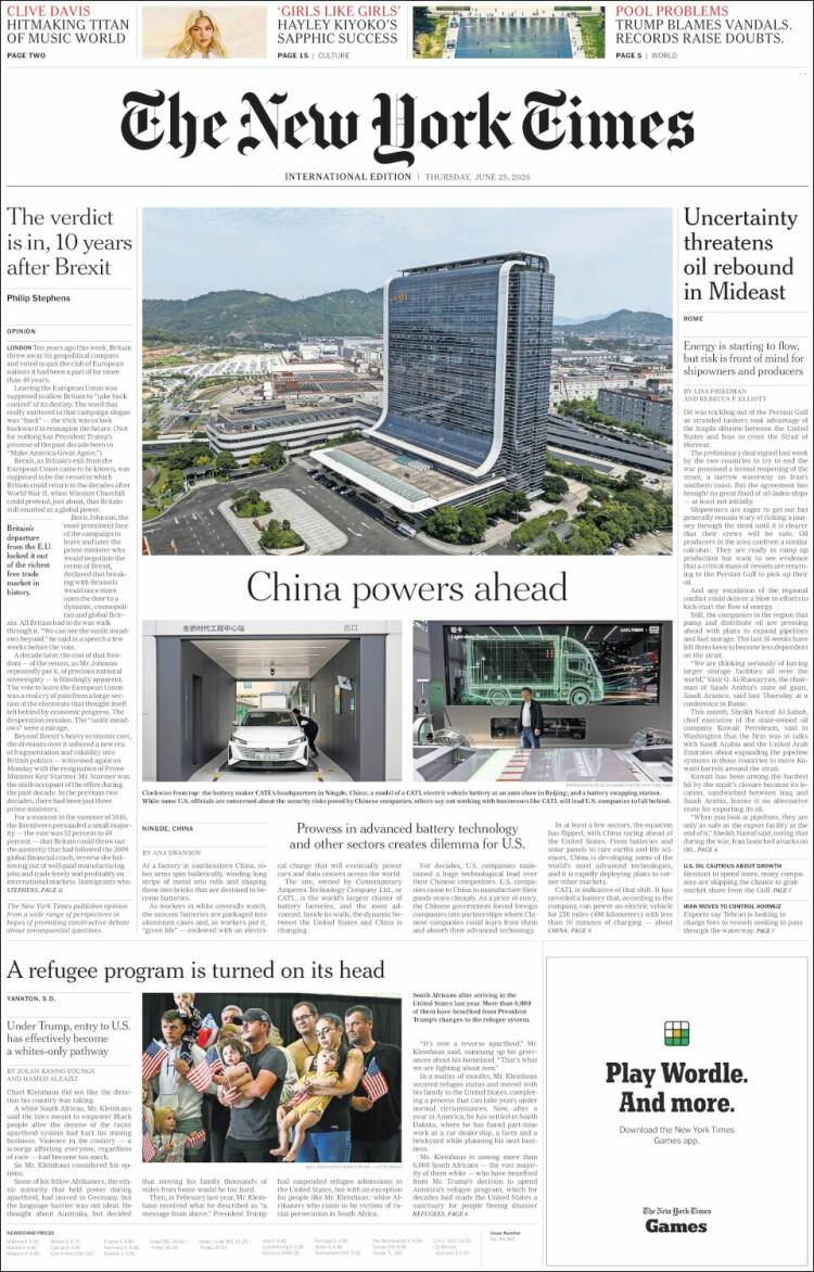 Portada de International New York Times (Europa)