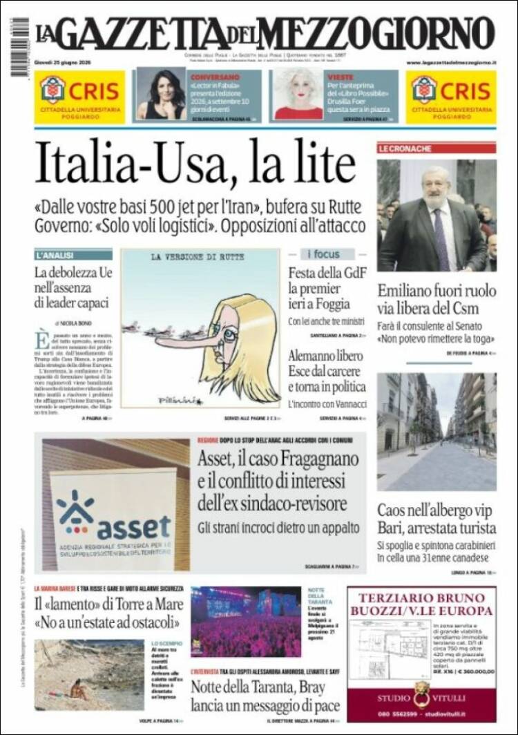 Portada de La Gazzetta del Mezzogiorno (Italia)