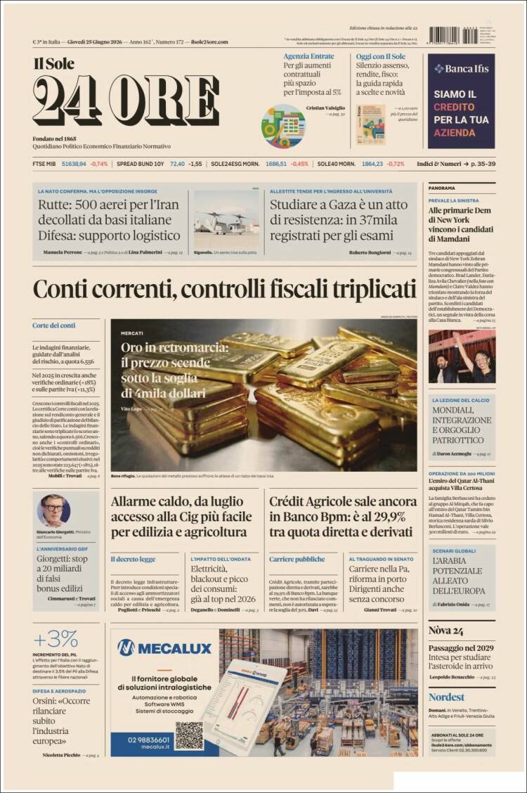 Portada de Il Sole 24 ORE (Italia)