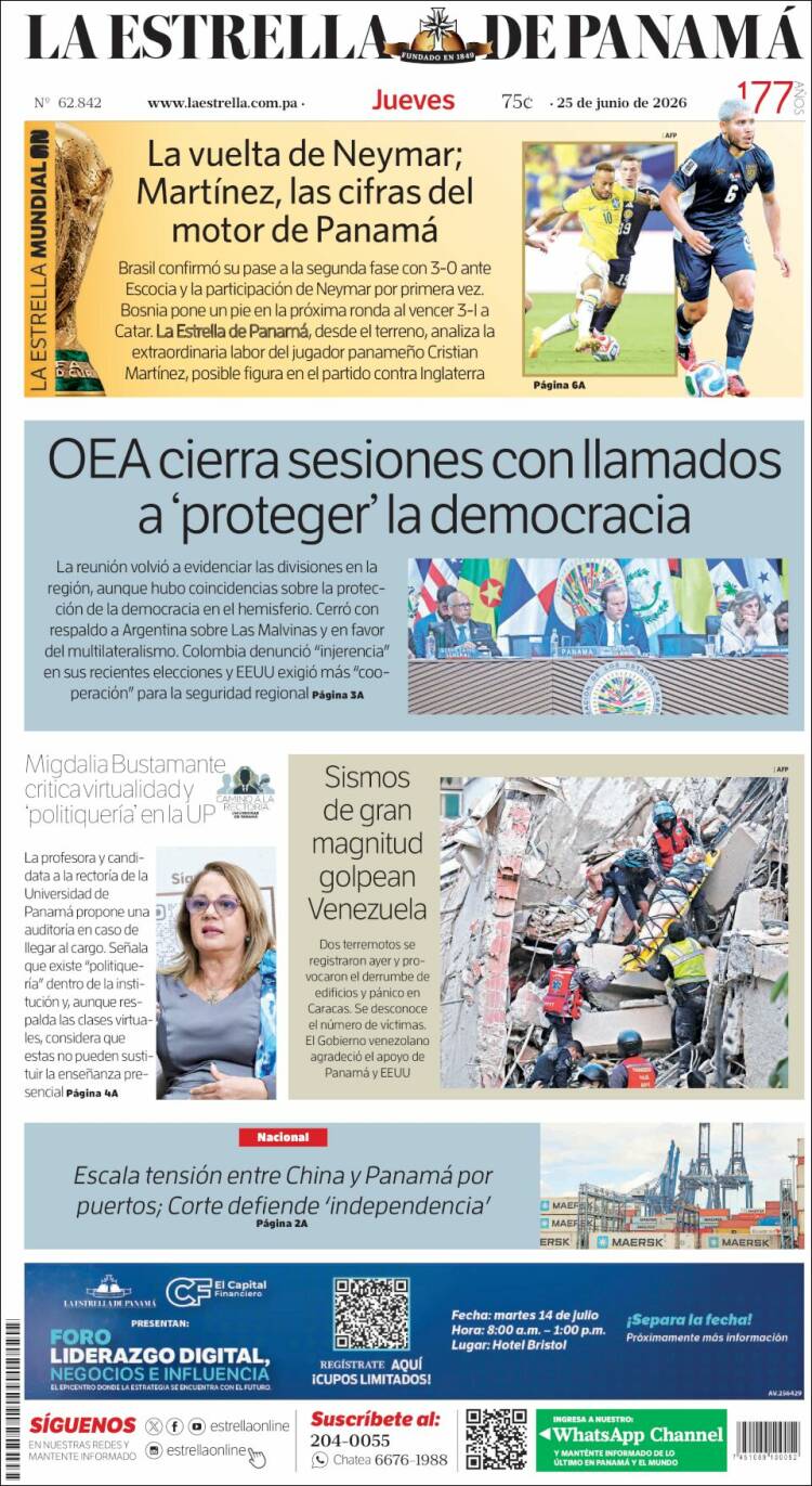 Portada de La Estrella de Panamá (Panam&aacute;)