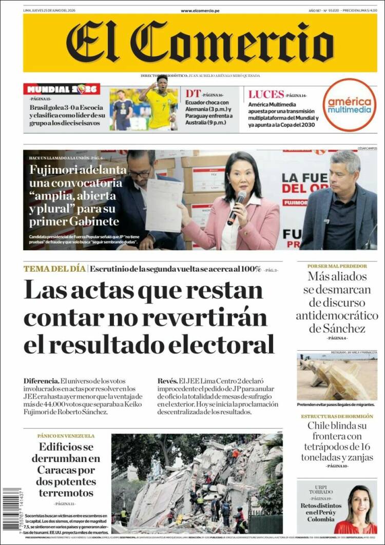 Portada de El Comercio (Per&uacute;)