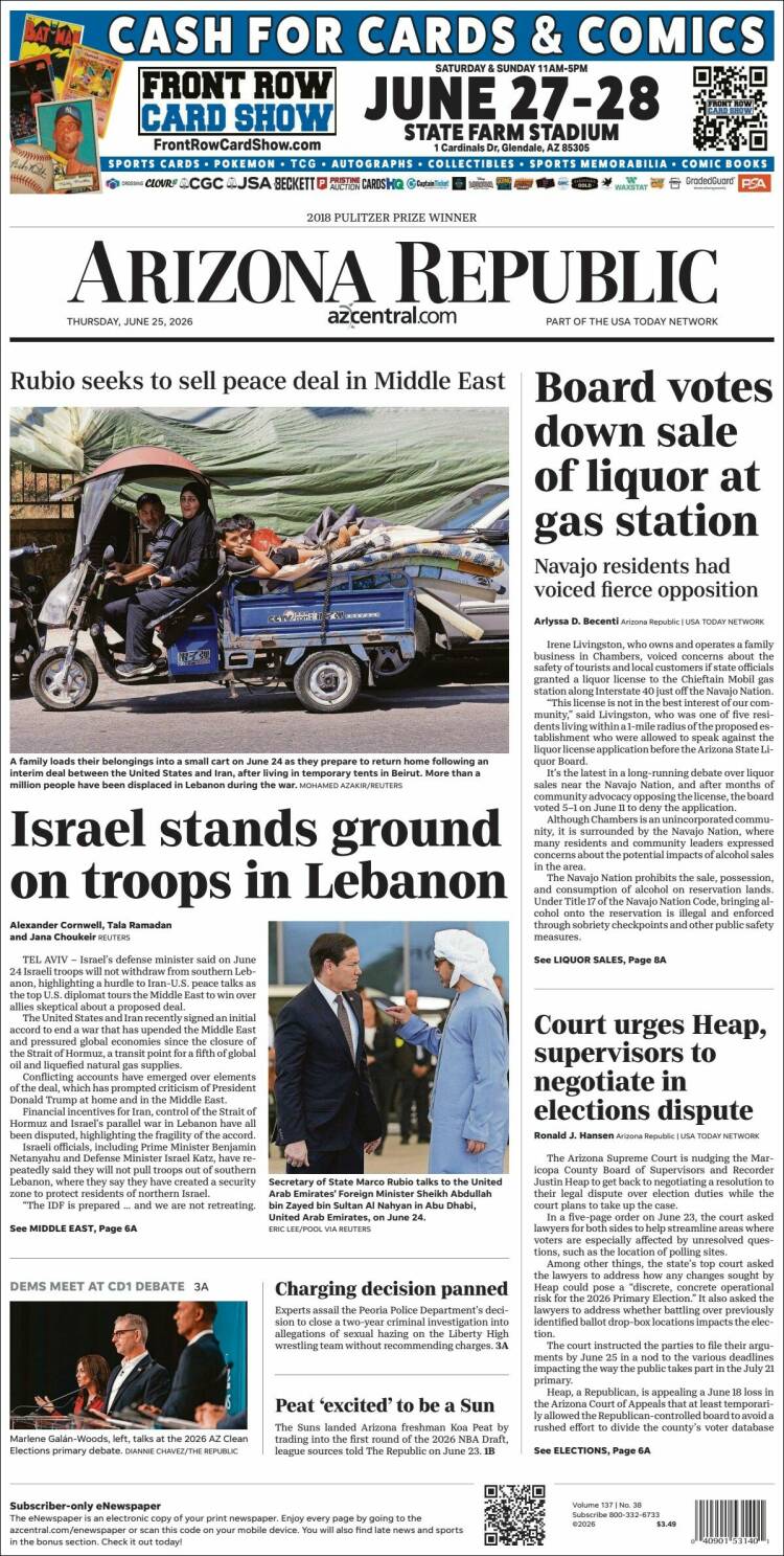 Portada de Arizona Republic News (USA)