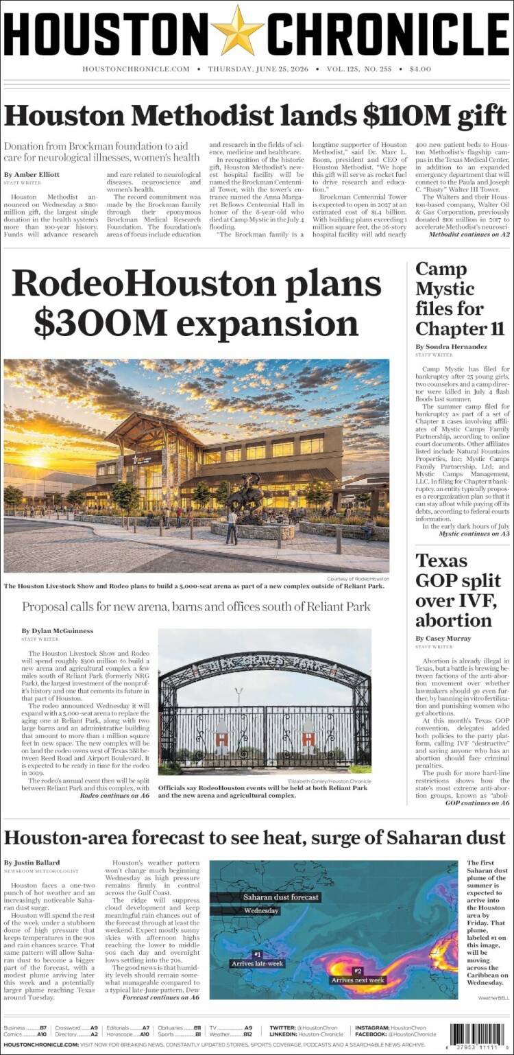 Portada de Houston Chronicle (USA)