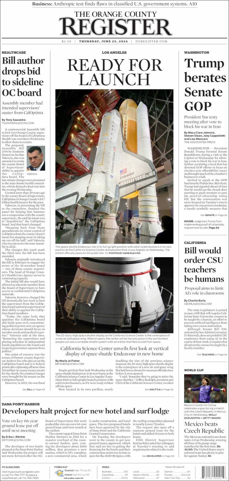 Portada de The Orange County Register (USA)