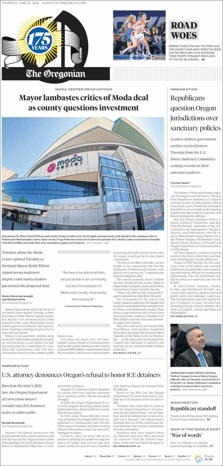 Portada de The Oregonian (USA)