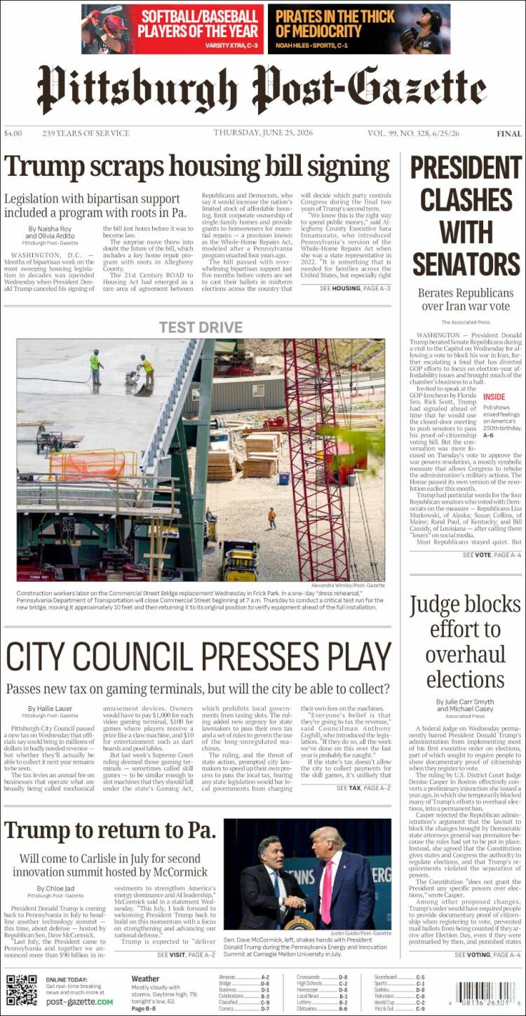 Portada de Pittsburgh Post-Gazette (USA)