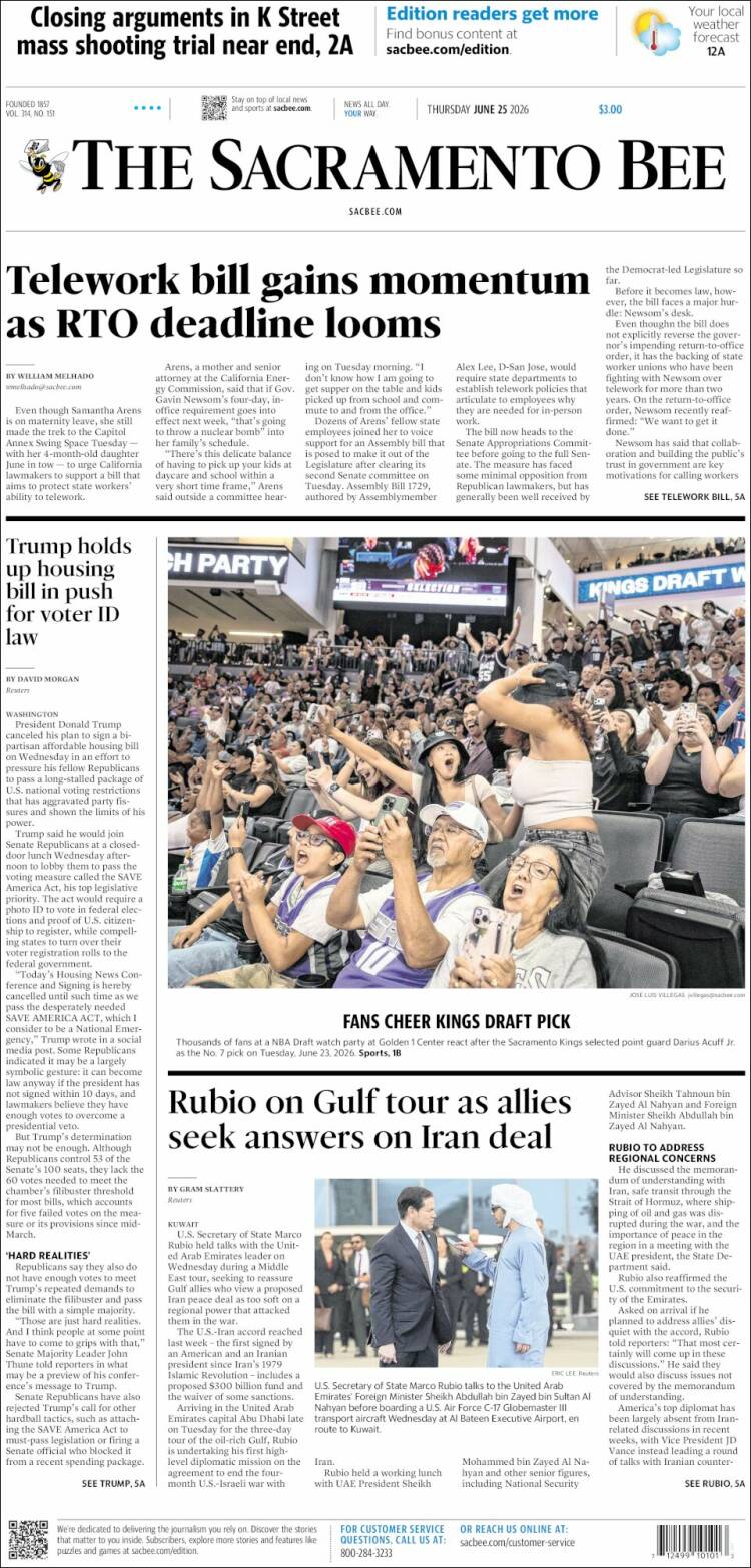 Portada de The Sacramento Bee (USA)