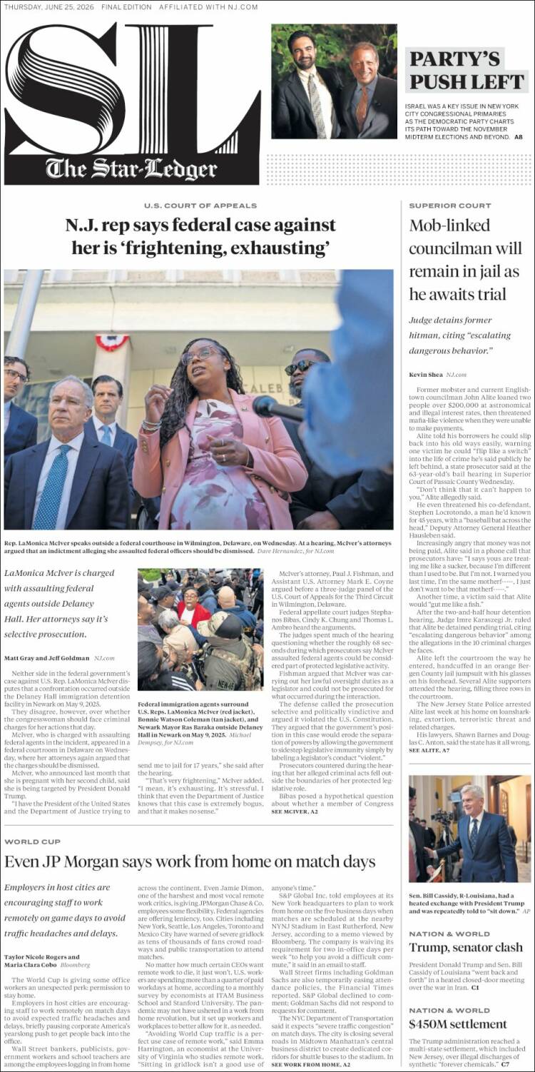 Portada de Star-Ledger (USA)