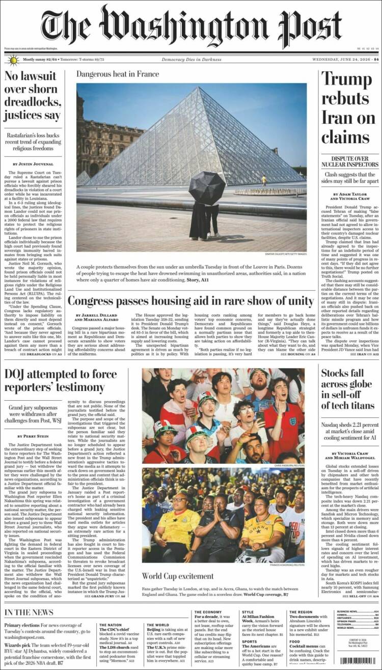 Portada de The Washington Post (USA)