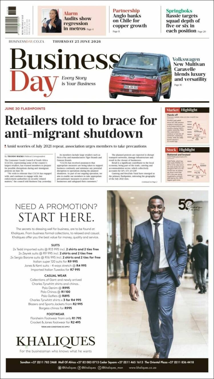 Portada de Business Day (Sud&aacute;frica)