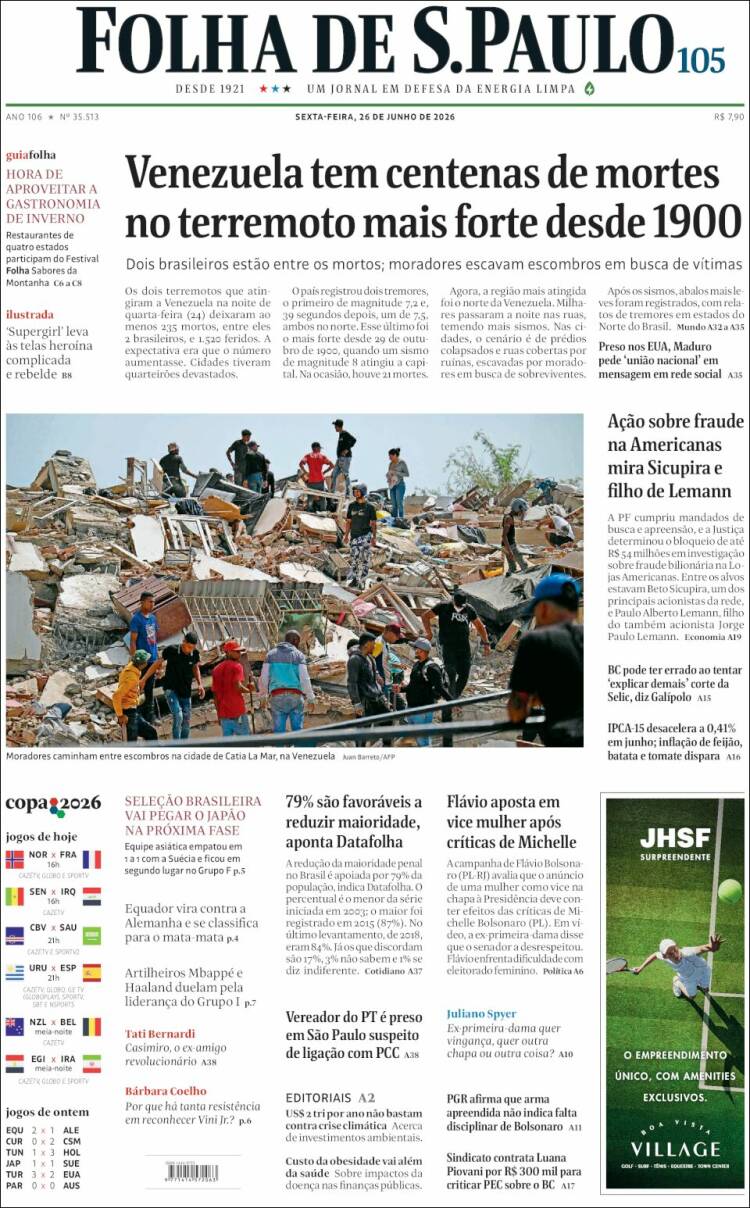 Portada de Folha de São Paulo (Brasil)
