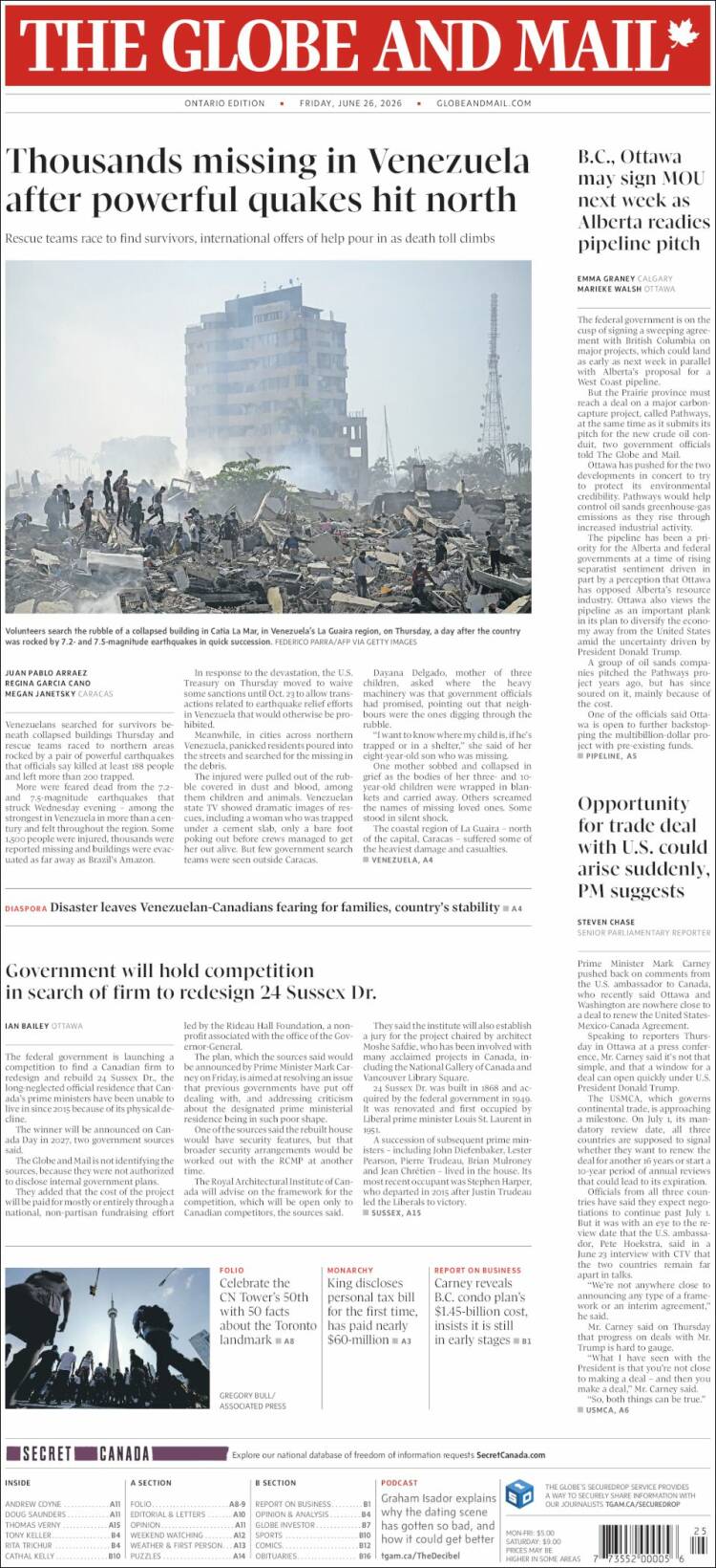 Portada de The Globe and Mail (Canad&aacute;)