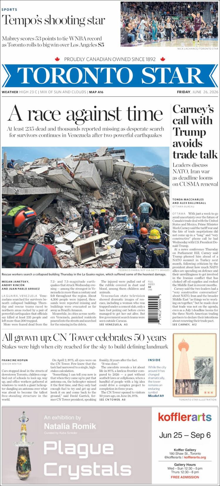 Portada de The Toronto Star (Canad&aacute;)