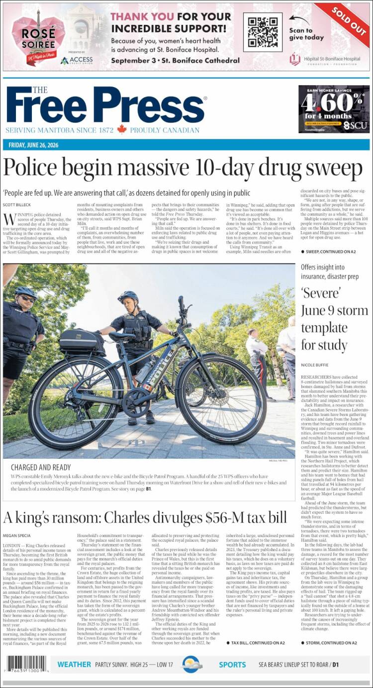 Portada de Winnipeg Free Press (Canad&aacute;)