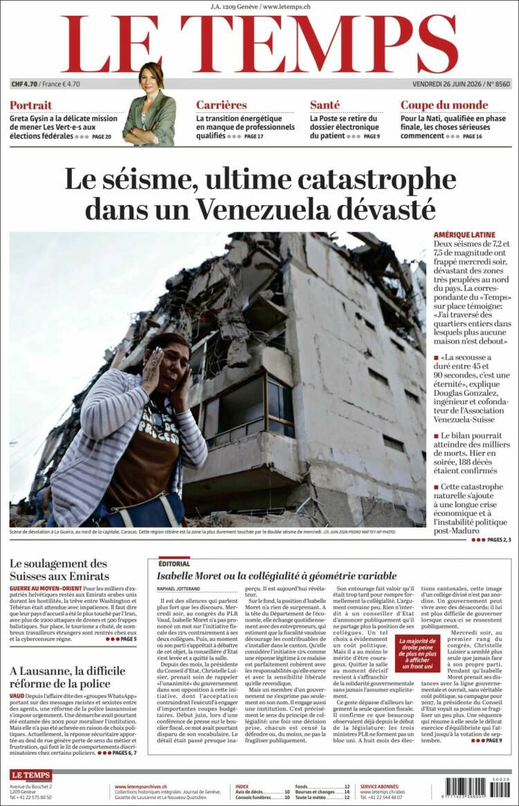 Portada de Le Matin (Suiza)