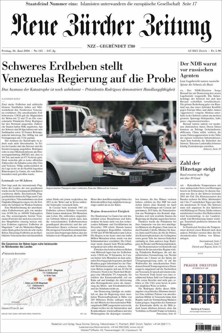 Portada de Neue Zürcher Zeitung (Suiza)