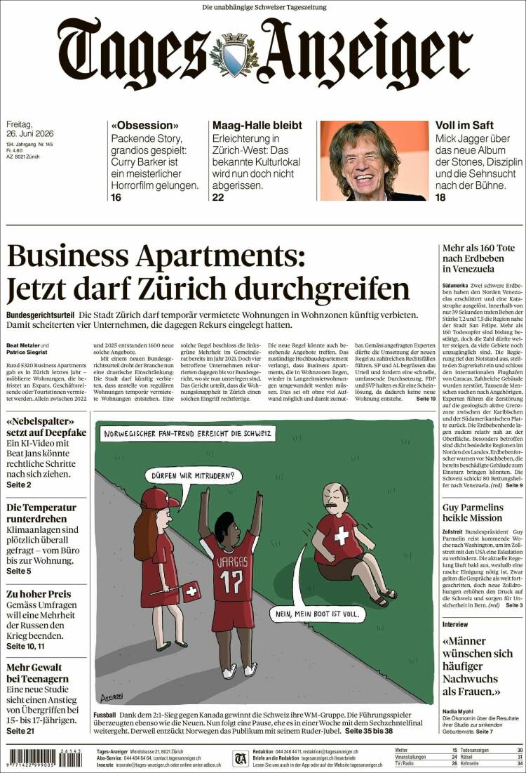 Portada de Tages-Anzeiger (Suiza)