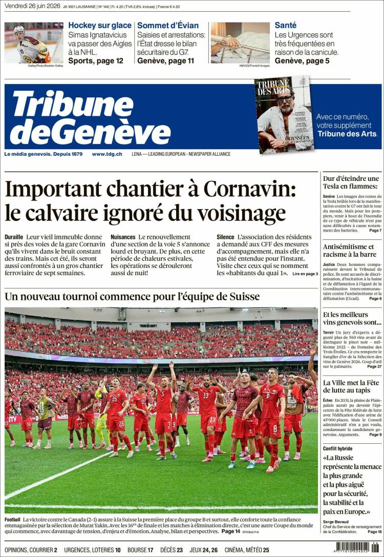 Portada de La Tribune de Genève (Suiza)