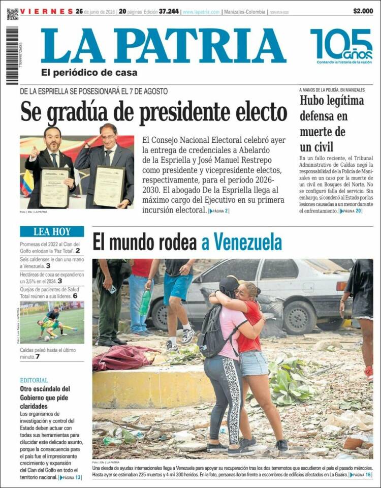 Portada de La Patria (Colombia)