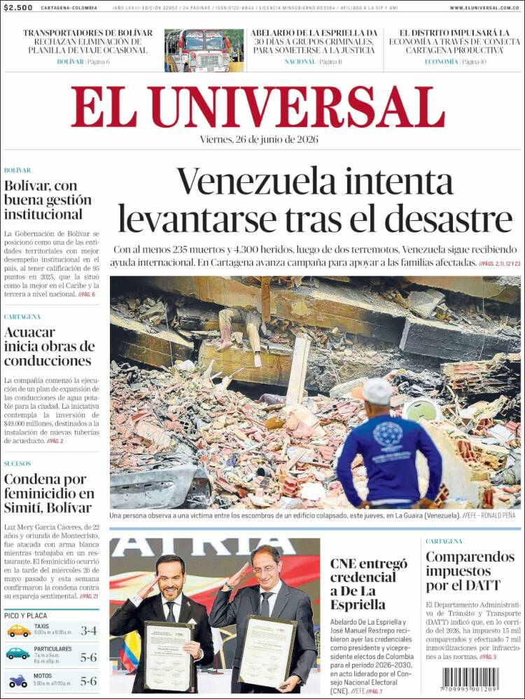 Portada de El Universal (Colombia)