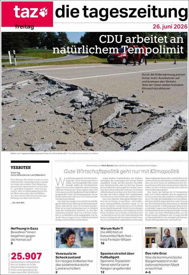 Portada de Die Tageszeitung (Alemania)