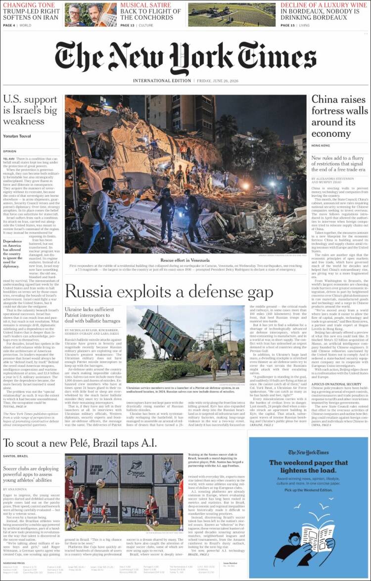 Portada de International New York Times (Europa)
